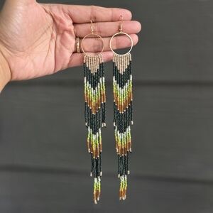 Woods Geo Long XL Boho Beaded Earrings Handmade Western Jewelry Tribal Boheme
